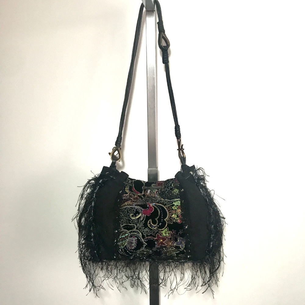 New MARY FRANCES Embroidered Black Beaded Fringe Purse! black purple - Picture 6 of 10